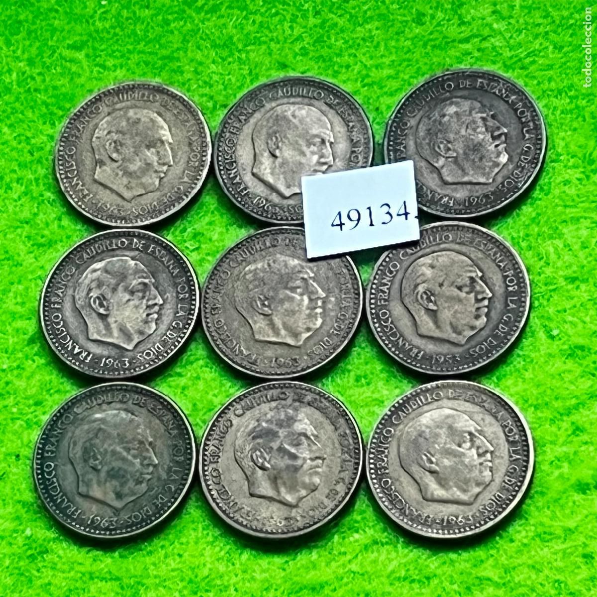 Monedas Franco: Espa&ntilde;a 1 Peseta 1963, lote 9 monedas tipo Benlliure, Franco