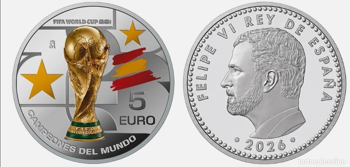 Monedas Franco: ESPA&Ntilde;A 2026 CAMPEONES DEL MUNDO FIFA 2026 MONEDA 5 EURO PLATA EN SU CAJA ORIGINAL UNCS