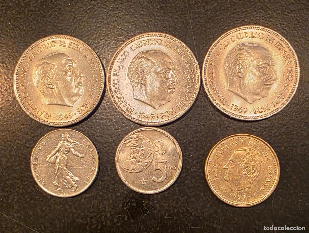 Monedas Franco: Lote 6 Monedas Espa&ntilde;a y Francia &ndash; 3 Monedas 5 Pesetas Franco 1949 + Mundial Espa&ntilde;a 82 + Juan Carlos