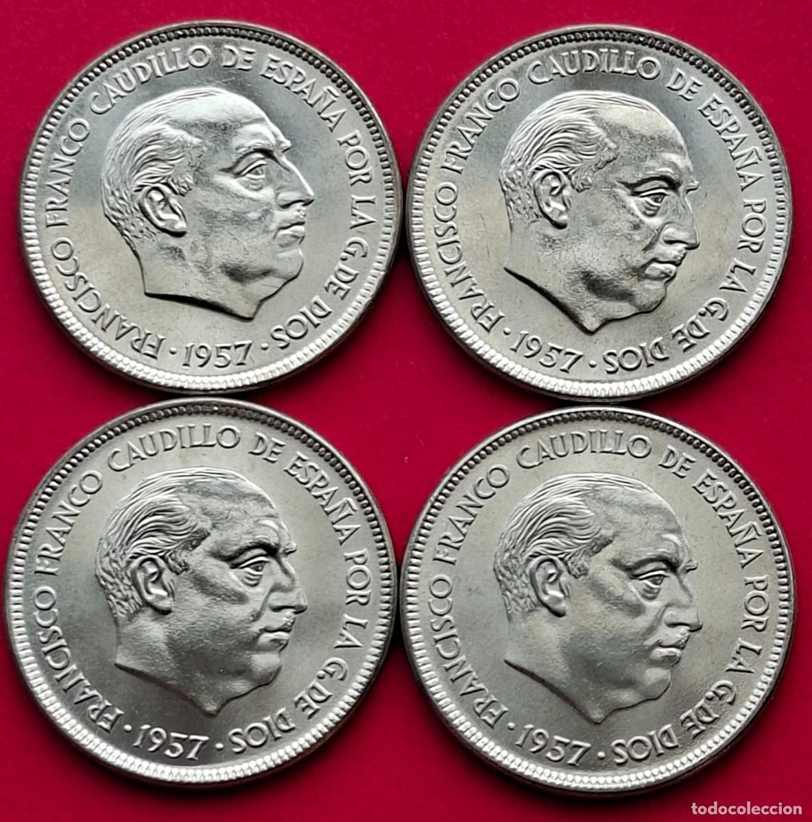 Monedas Franco: 4 monedas de 25 pesetas de 1957 * 75. SIN CIRCULAR.