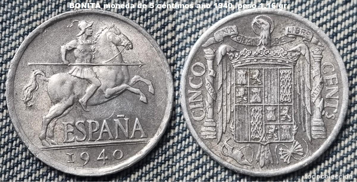 Monedas Franco: FRANCO. Moneda 5 c&eacute;ntimos aluminio a&ntilde;o 1940. Peso 1,16 gr. 20 mm. BONITA.