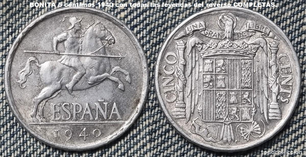 Monedas Franco: FRANCO. Moneda 5 c&eacute;ntimos aluminio a&ntilde;o 1940. Peso 1,13 gr. 20 mm. TODAS LAS LEYENDAS COMPLETAS.