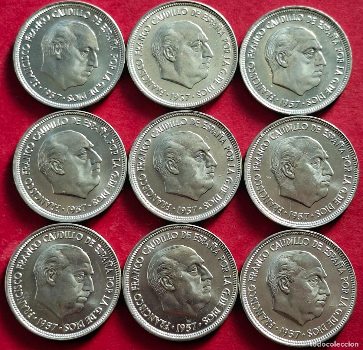 Monedas Franco: 9 monedas de 5 pesetas de 1957 * 75 - SIN CIRCULAR.