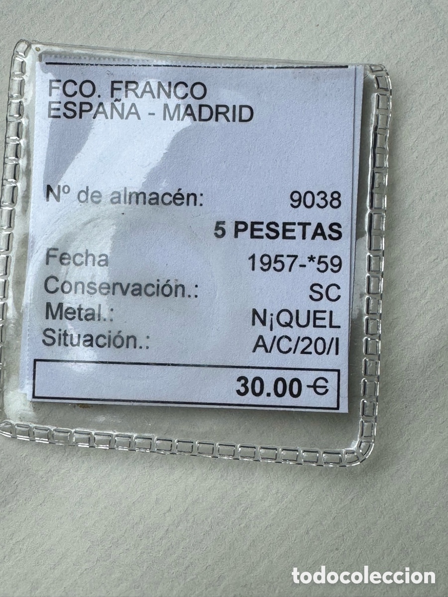 Monedas Franco: 5 pesetas 1957 *59 sin circular - Foto 3