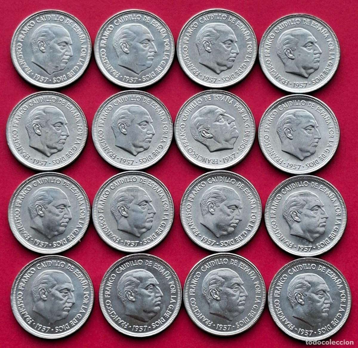 Monedas Franco: 16 monedas de 5 pesetas 1957 * 75. SIN CIRCULAR. Proceden de cartucho.