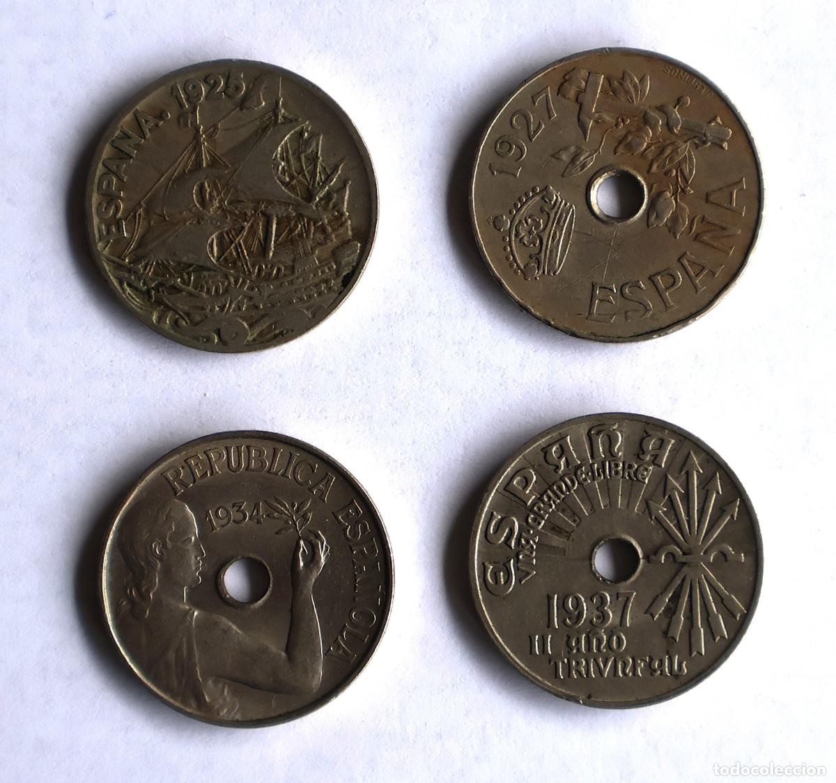 M&uuml;nzen unter Franco: LOTE DE CUATRO MONEDAS DE 25 C&Eacute;NTIMOS ESPA&Ntilde;A 1925-1927.-1934-1937 MUY BUEN ESTADO