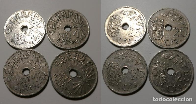 Monedas Franco: 4 Monedas de 25 centimos 1937