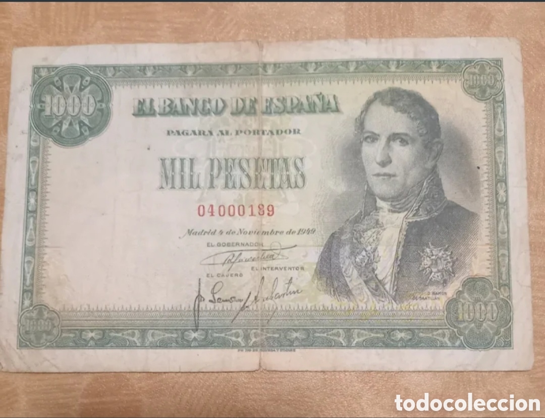 Monedas Franco: Billete 1000 Pesetas 1949 - Ram&oacute;n de Santill&aacute;n - Sin Serie - Usado (Ver fotos)