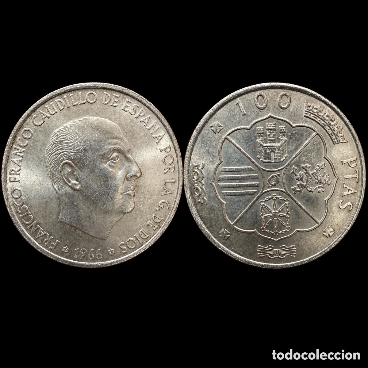 Monedas Franco: Lote dos monedas 100 pesetas 1966 *69 Palo recto y curvo. Troqueladas.