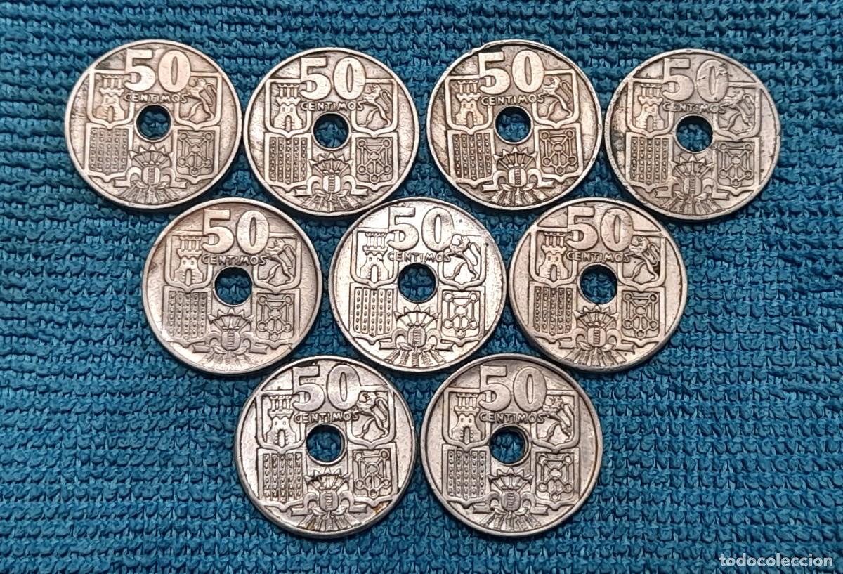 Monedas Franco: 9 monedas de 50 Centimos 1949 y 1963, todas las estrellas