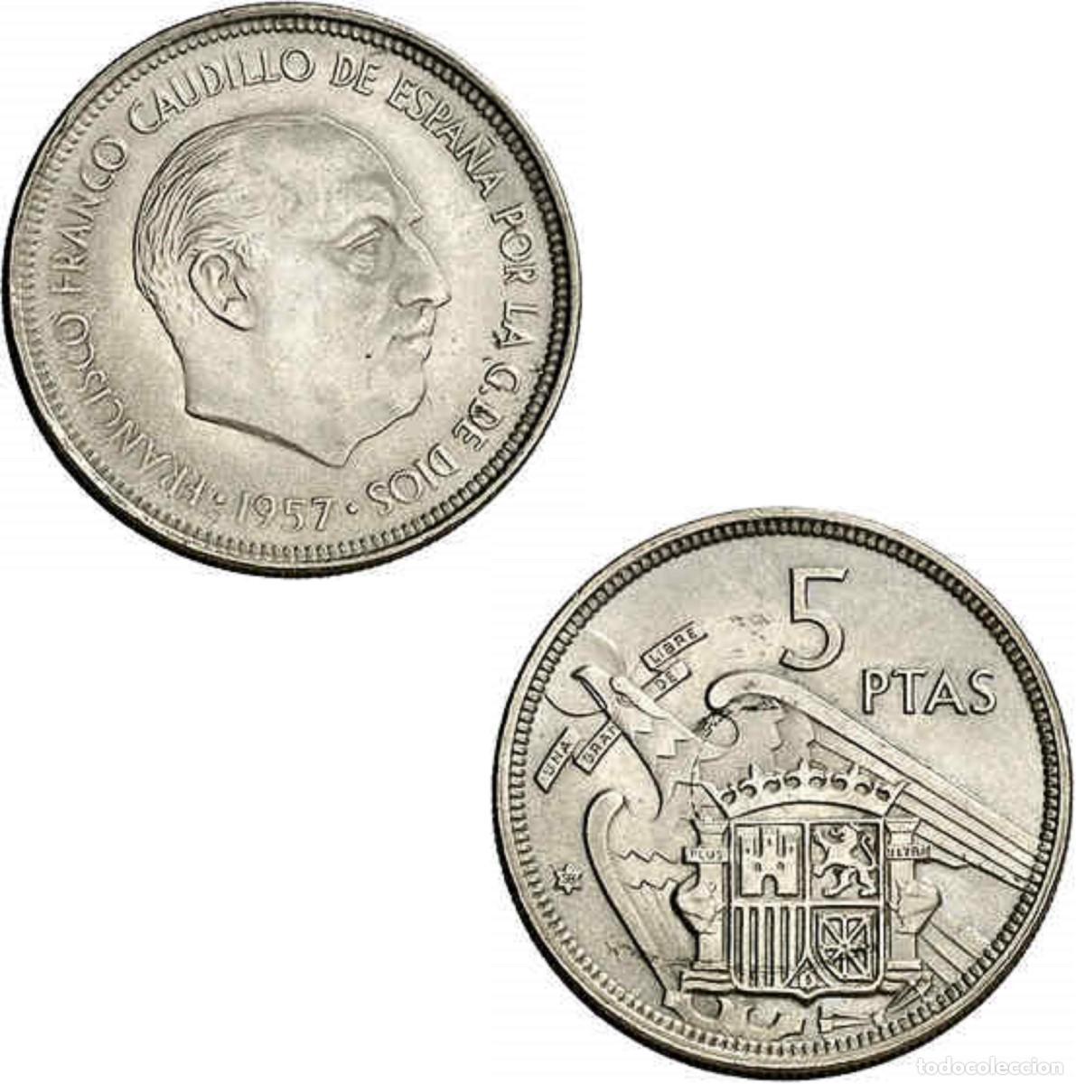 Monedas Franco: *GUTSE* FRANCO-2, 5 PESETAS 1957*58, CON PLUS, BRILLO ORIGINAL, SIN CIRCULAR.