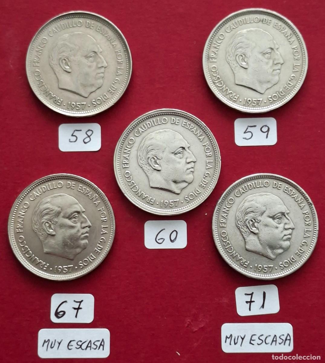 Monedas Franco: 5 monedas 50 pesetas 1957 . muy escasas.