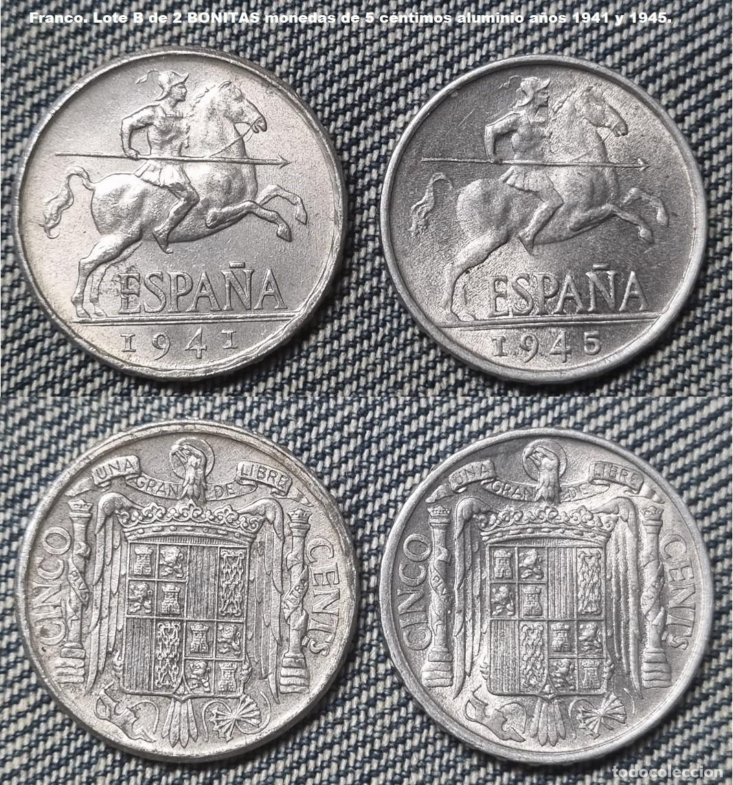 Monedas Franco: Franco lote B. 2 BONITAS monedas de 5 c&eacute;ntimos aluminio a&ntilde;os 1941 y 1945.