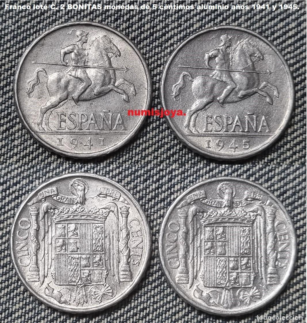 Monedas Franco: Franco lote C. 2 BONITAS monedas de 5 c&eacute;ntimos aluminio a&ntilde;os 1941 y 1945.