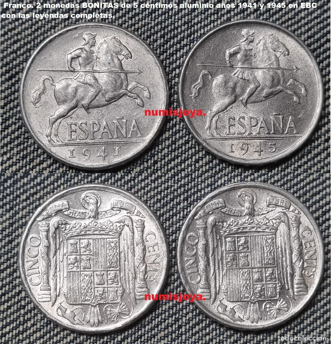 Monedas Franco: Franco lote D de 2 BONITAS monedas de 5 c&eacute;ntimos aluminio a&ntilde;os 1941 y 1945.