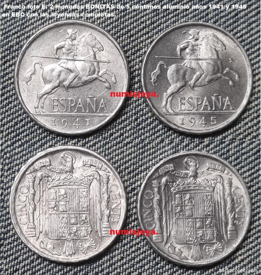 Monedas Franco: Franco lote E de 2 BONITAS monedas de 5 c&eacute;ntimos aluminio a&ntilde;os 1941 y 1945.