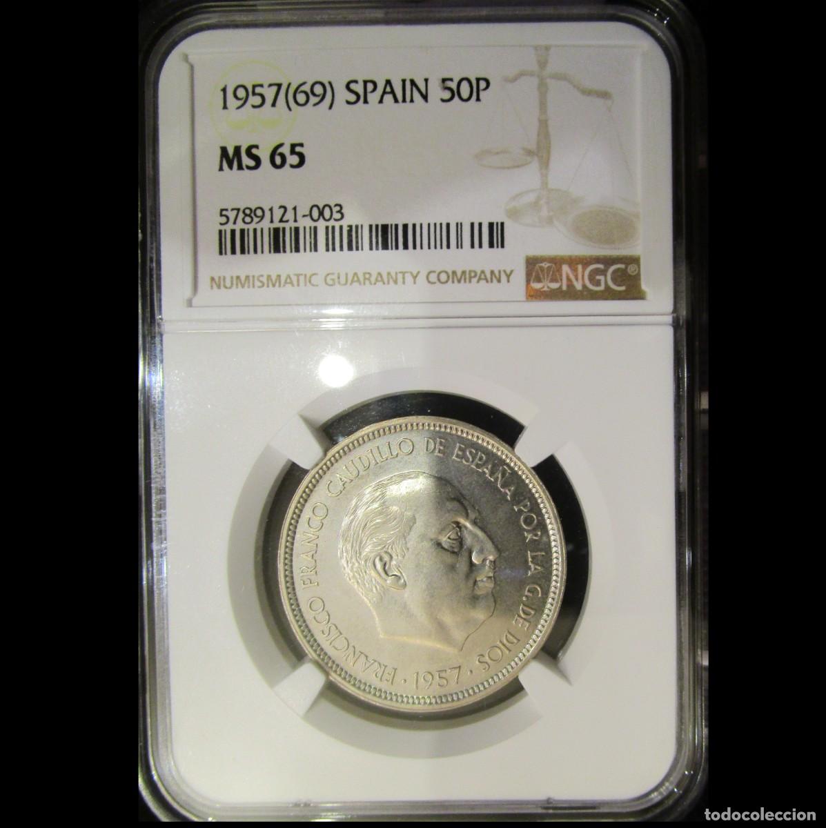 Monedas Franco: *GUTSE* FRANCO-4, 50 PESETAS 1957*69, ENCAPSULADA POR NGC MS 65, PRUEBA, RARA.