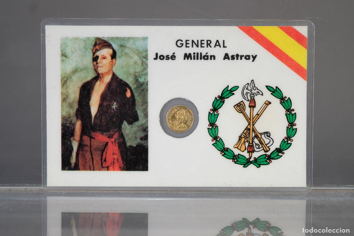 Monedas Franco: Tarjeta con moneda dorada del general Jos&eacute; Mill&aacute;n Astray, fundador de la Legi&oacute;n