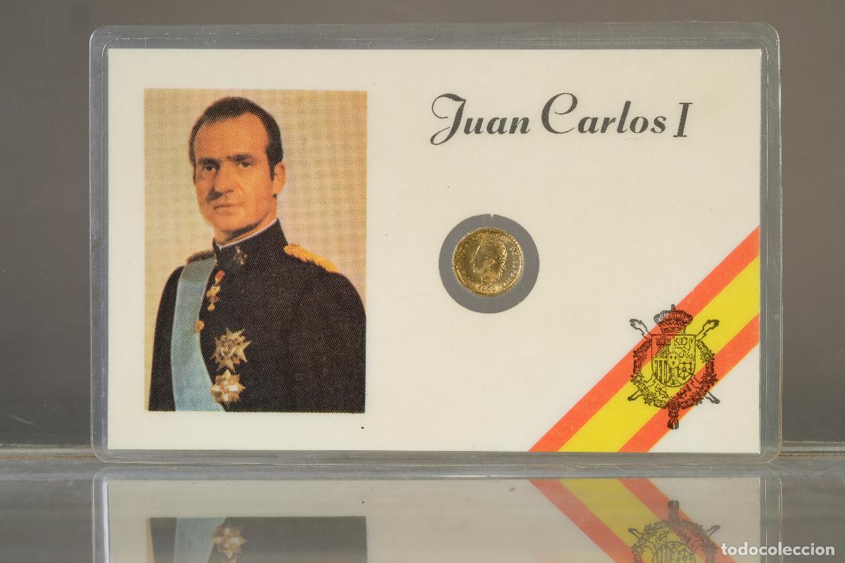 Monedas Franco: Tarjeta con moneda dorada del rey Juan Carlos I, moneda de 100 pesetas