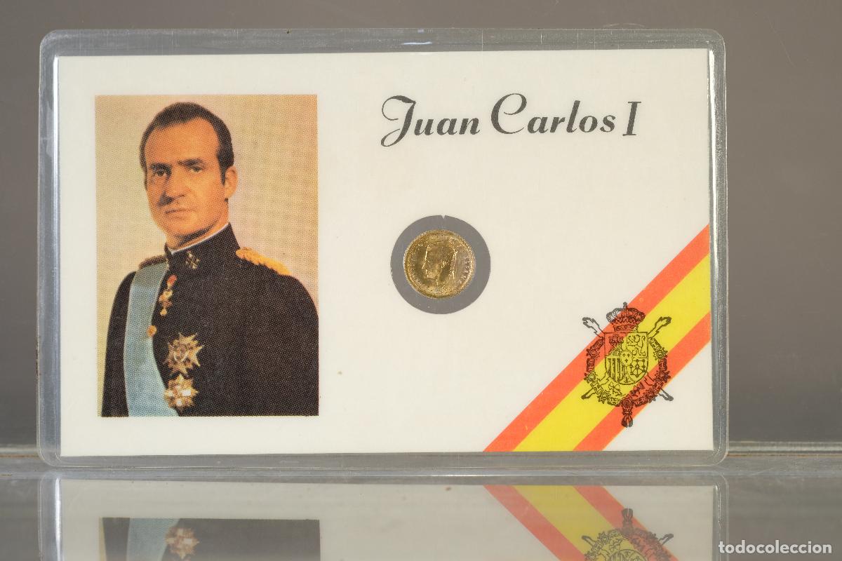 Monedas Franco: Tarjeta con moneda dorada del rey Juan Carlos I, moneda de 100 pesetas