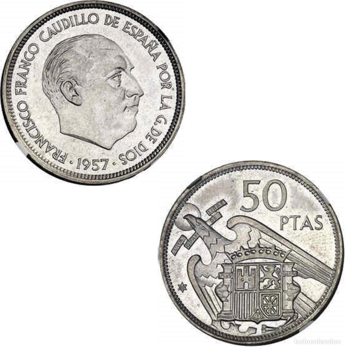 Monedas Franco: *GUTSE* FRANCO-4, 50 PESETAS 1957*69, ENCAPSULADA POR NGC MS 65, PRUEBA, RARA.