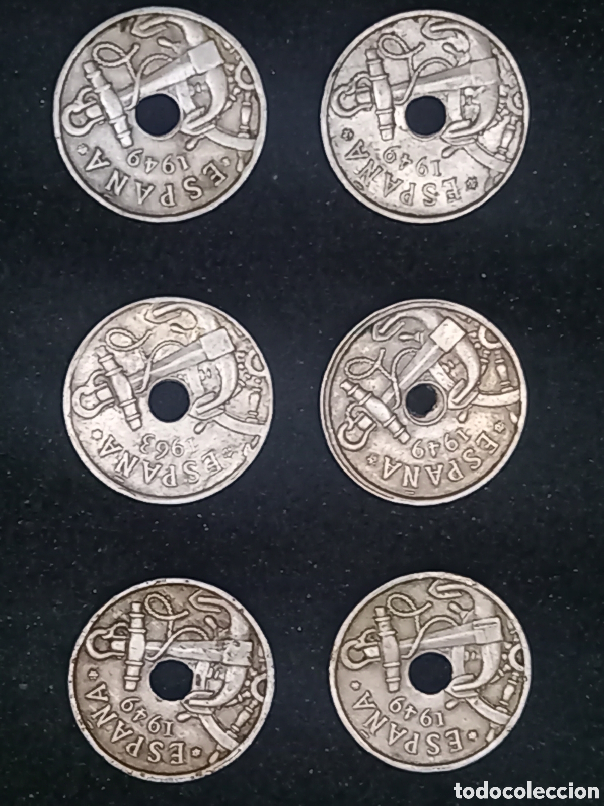 Monedas Franco: Lote 6 Monedas 50 C&eacute;ntimos (1949 y 1963) Franco - Con Agujero