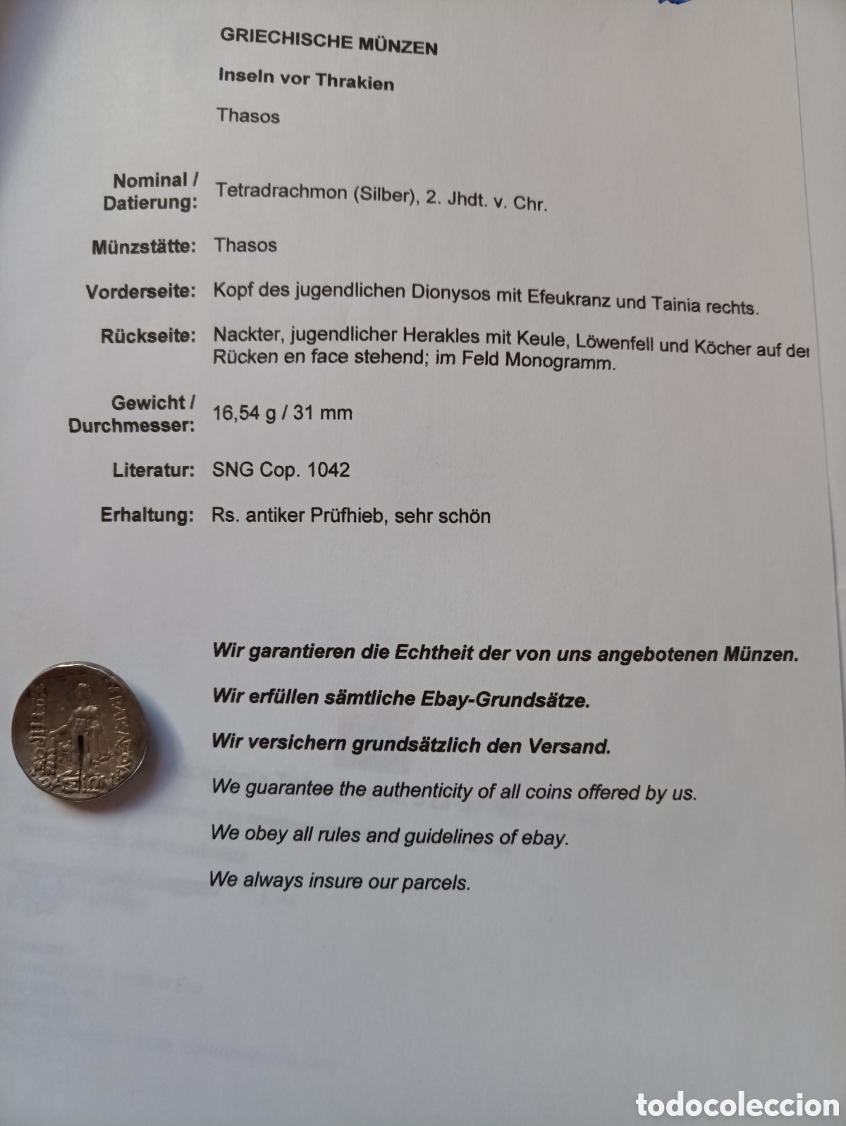 Monedas Grecia antigua: Tetradracma silver Thasos - Foto 4