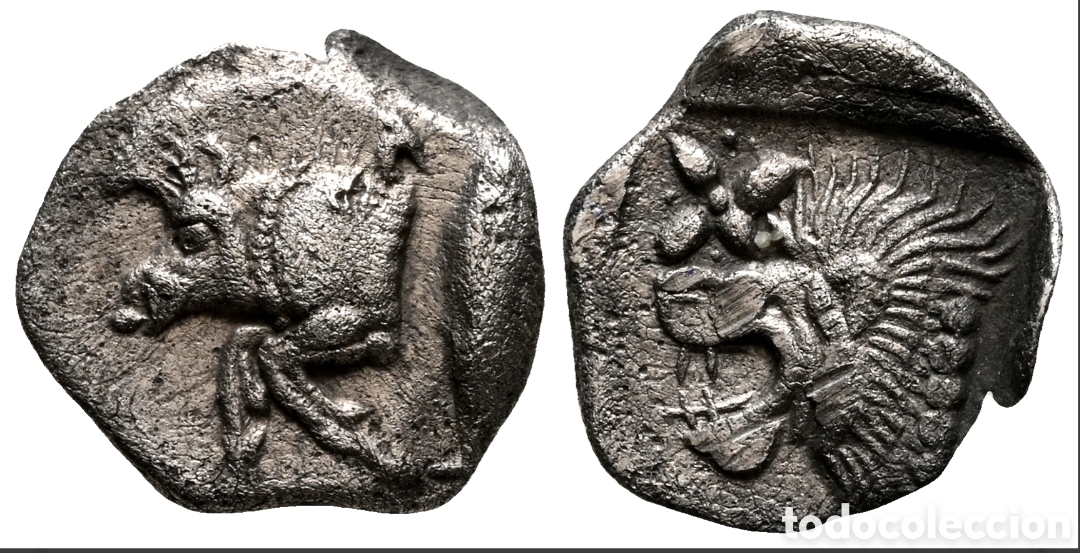 Monedas Grecia Antigua: Moneda plata Griega Hemiobolo. Misia. Le&oacute;n y jabal&iacute;. Con ficha de subasta