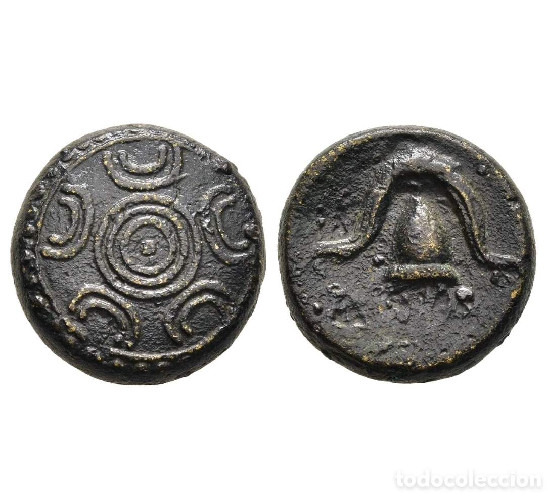 Monedas Grecia antigua: Dicalco de Alejandro Magno. Macedonia. Casco y escudo