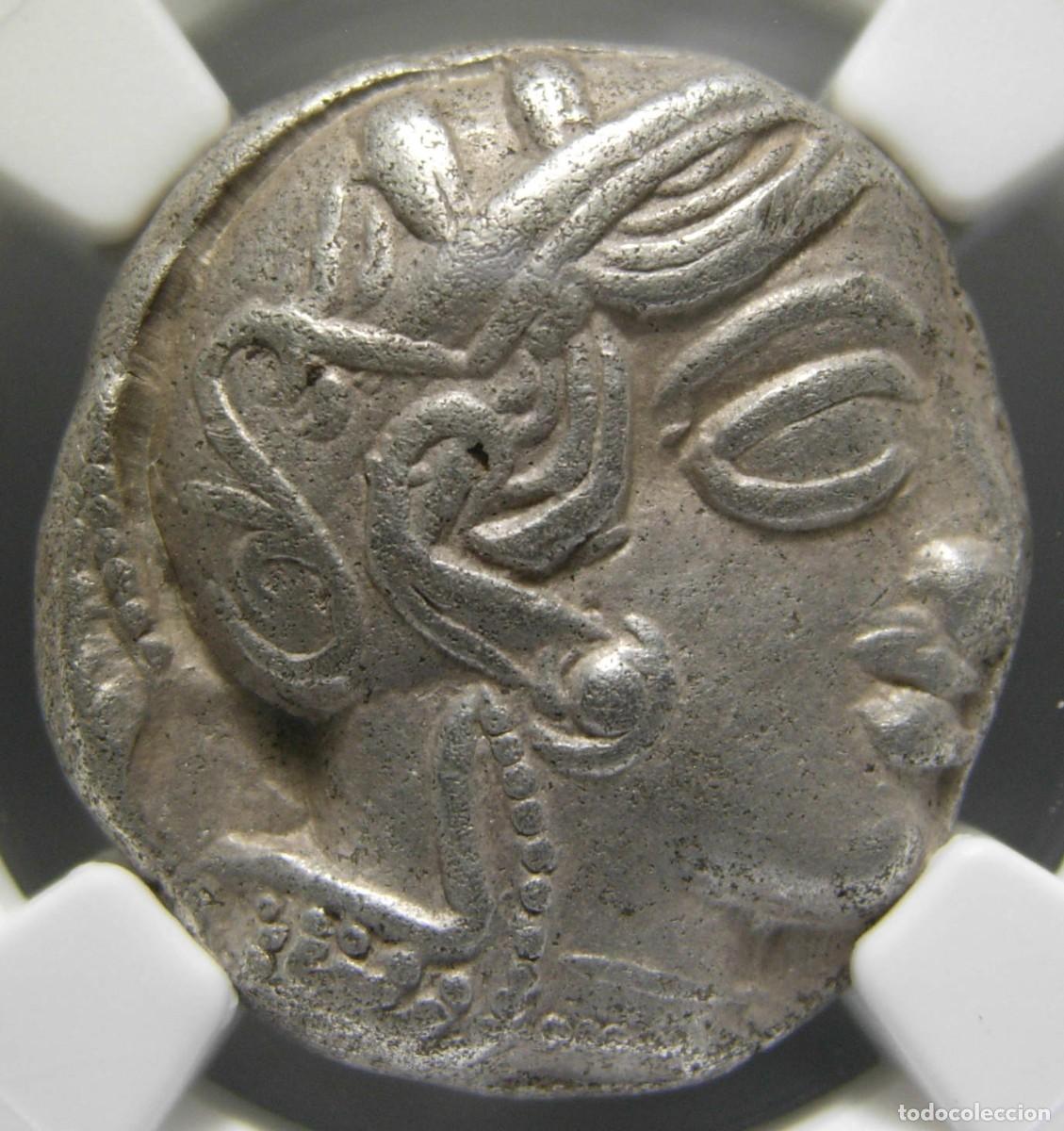 Monedas Grecia antigua: Tetradracma griego Atenea/B&uacute;ho AR, c. siglos V-IV aC, certificado NGC XF