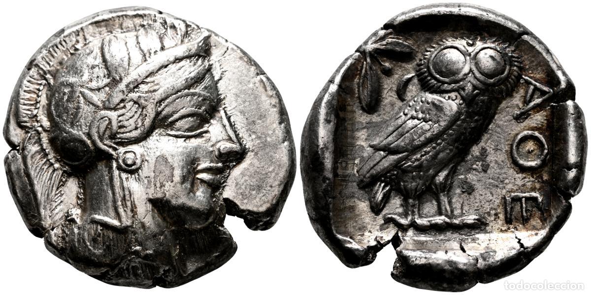 Moedas Gr&eacute;cia Antiga: ATTICA, Atenas. Tetradracma. (Ar. 17,15g/25mm). 454-404 a. C. (HGC 4, 1597). Anv: Cabeza de Atenas c