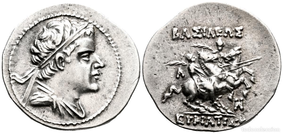 Moedas Gr&eacute;cia Antiga: REINO DE BACTRIA, Eukratides I. Dracma. (Ar. 4,23g/20mm). 170-162 a.C. Baktra. (HGC 12, 135; Bopeara