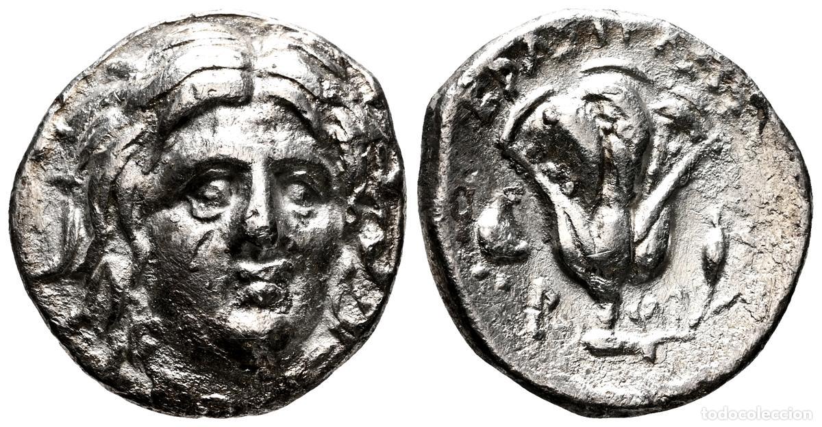 Monedas Grecia antigua: ISLAS DE CARIA, Rhodes. Hemidracma. (Ar. 1,09g/11mm). 250-229 a.C. (SNG Copenhaguen 728). Anv: Cabez