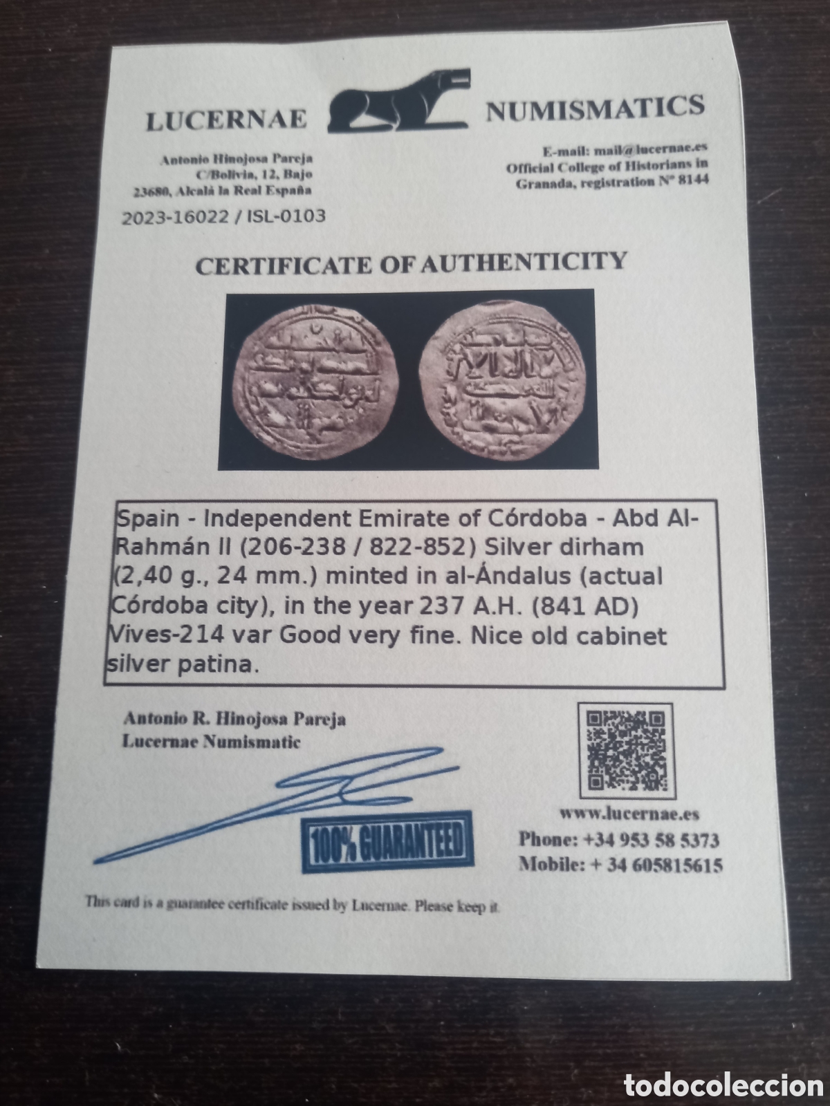 Monedas Hispano &aacute;rabes: Espa&ntilde;a 1 dirham Emirato C&oacute;rdoba 237 H - Foto 3