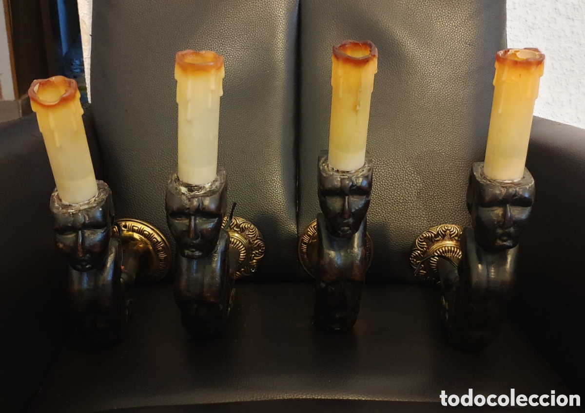 Monedas Hispano &aacute;rabes: Juego de 4 candelabros De madera antiguos