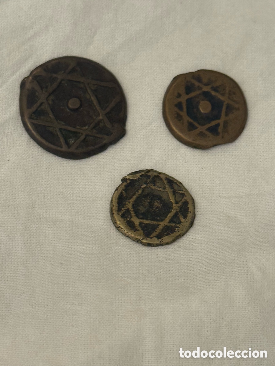 Monedas Hispano &aacute;rabes: Lote 3 monedas antiguas de Marruecos siglo XIX &ndash; Falus de cobre, Sello de Salom&oacute;n 1276 H.