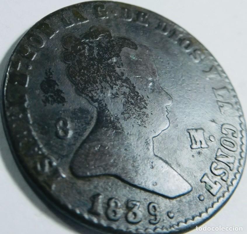Monedas Hispano &aacute;rabes: Moneda de cobre espa&ntilde;ola del reinado de Isabel II, 8 maraved&iacute;s acu&ntilde;ada en 1839.