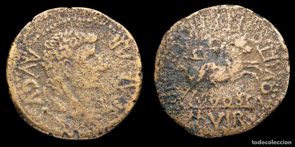 Monedas ib&eacute;ricas: Ancient Hispania Tiberius As, OSCA (Huesca) - 29 mm / 11,56 gr.Laureate head of Tiberius to the righ