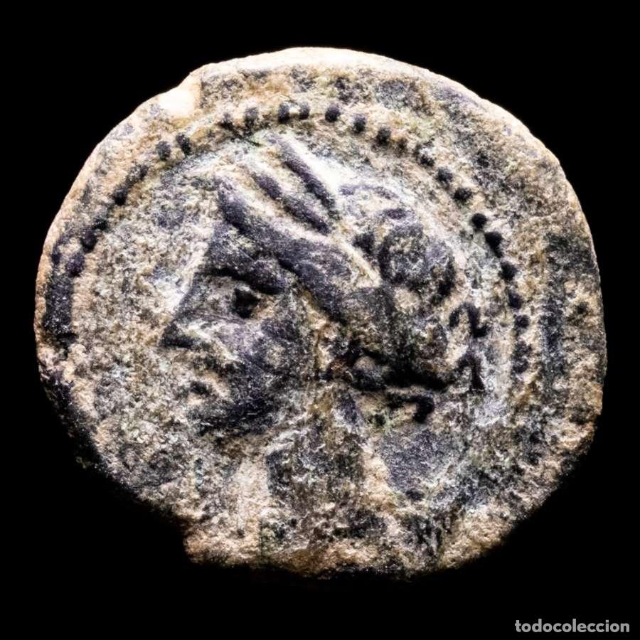 Monedas ib&eacute;ricas: Cartagineses, Hispania, 1/4 calco. 218-210 aC. Tanit / Casco (3544)