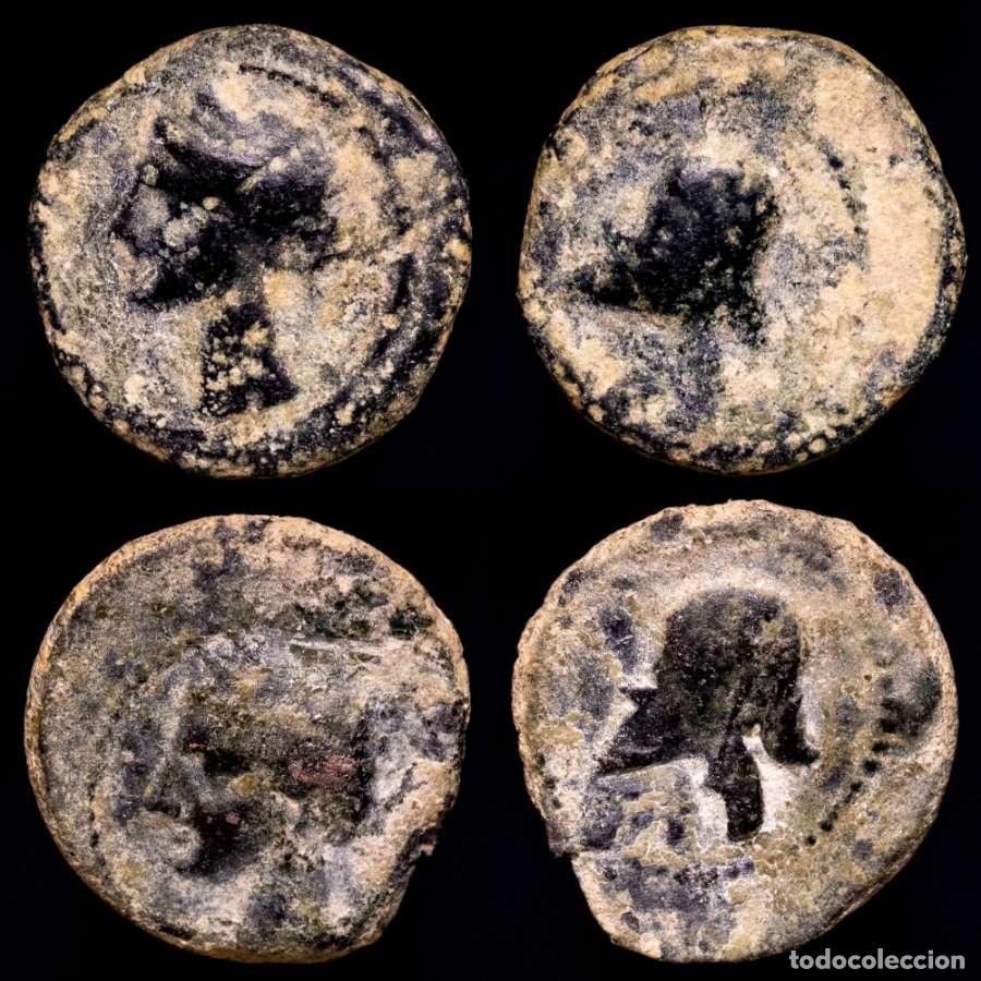 Monedas ib&eacute;ricas: Cartagineses, Hispania, Pareja de 1/4 calco. 218-210 aC. Tanit / LIMPIEZA