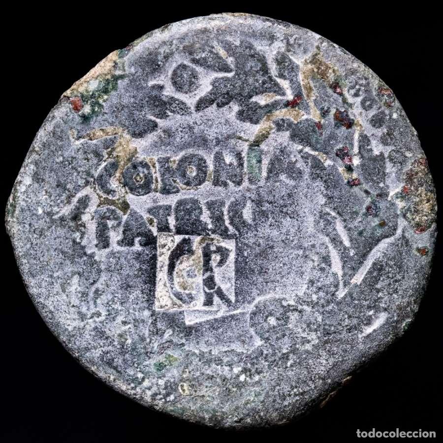 Monedas ib&eacute;ricas: Imp. Romano. Hispania. Augusto as. COLONIA PATRICIA. Contramarca CR