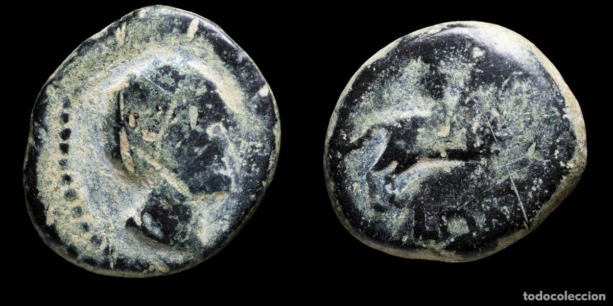 Monedas ib&eacute;ricas: Ancient Hispania - Olontigi, Aznalcazar (Sevilla), Ae As - 26 mm / 13.16 gMale head, right. Rider, r