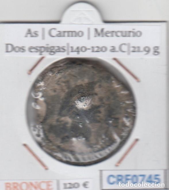 Monedas ib&eacute;ricas: CRF0745 MONEDA ROMANA AS CARMO MERCURIO DOS ESPIGAS C.140-120 A.C
