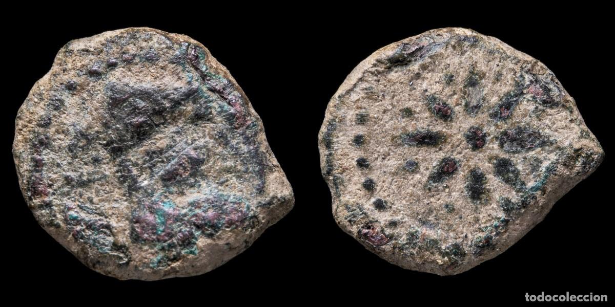 Monedas ib&eacute;ricas: Ancient Hispania - Malaca Ae Sextant (Malaga) - 14 mm / 2,22 gr.