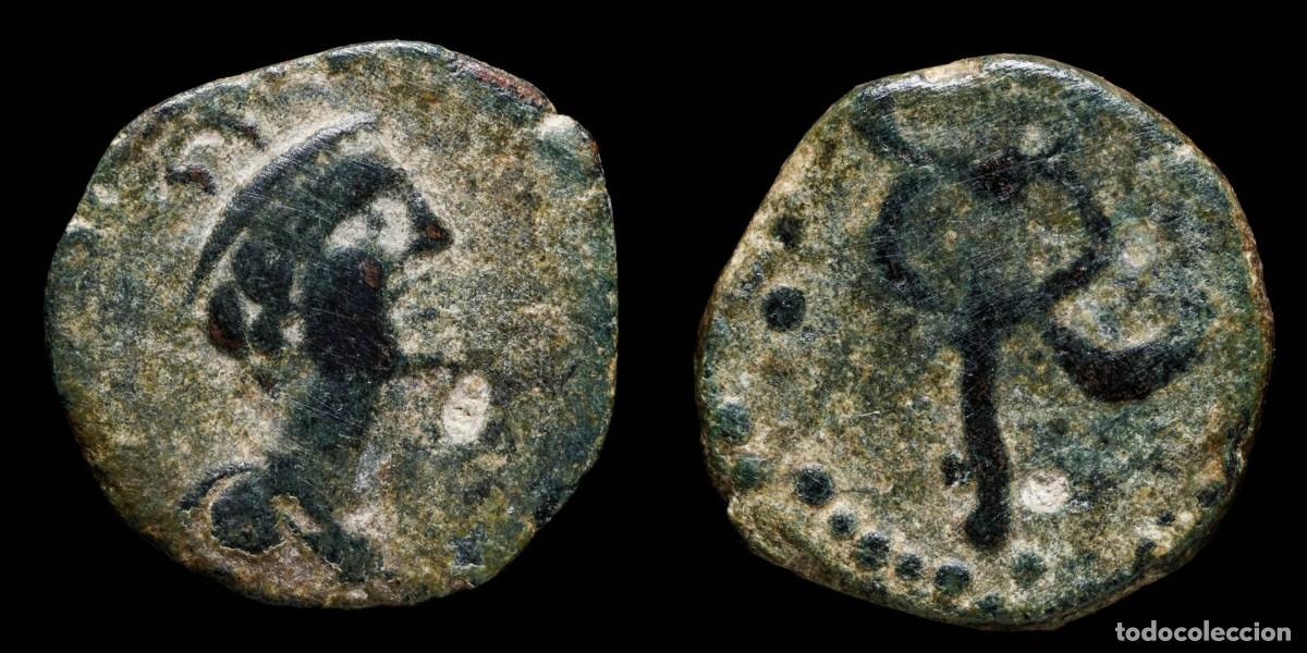 Monedas ib&eacute;ricas: Ancient Hispania - Carmo, Carmona (Sevilla) Ae Quadrans - 16 mm / 2.42 gr.A/ Head of Mercury to the