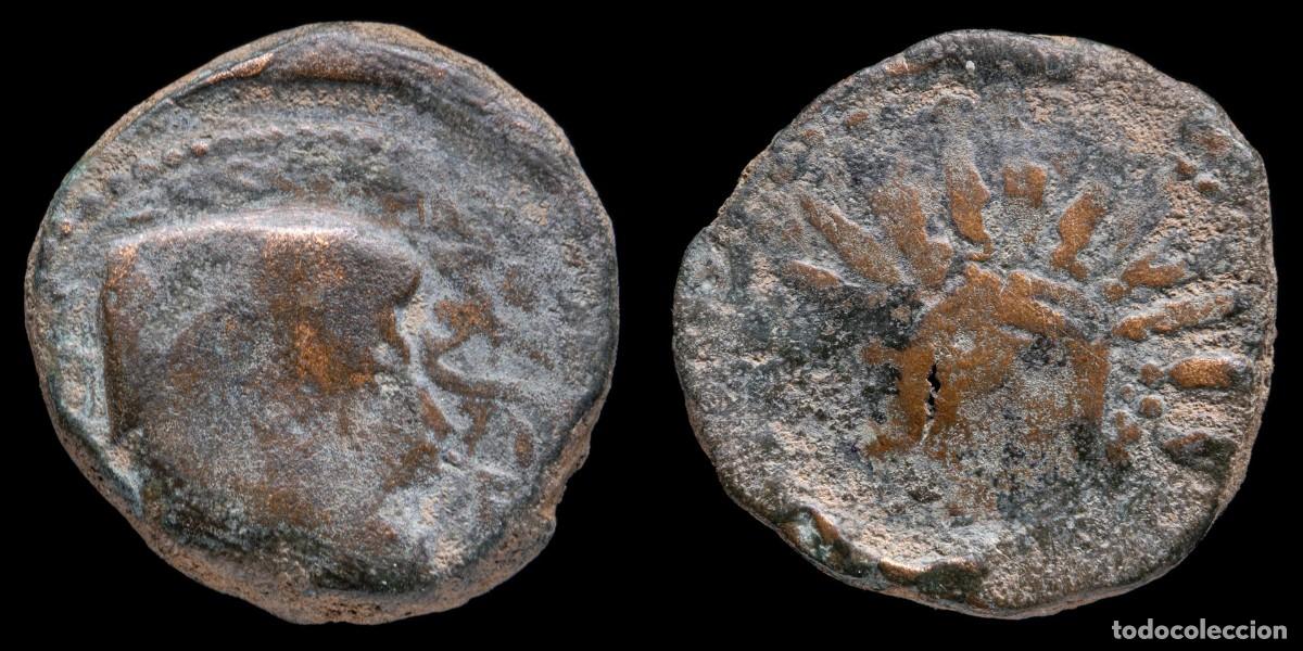Monedas ib&eacute;ricas: Ancient Hispania - Malaca (Malaga) Ae As - 23 mm / 11,77 gr.Obv.: Head of Vulcan right; tongs behind