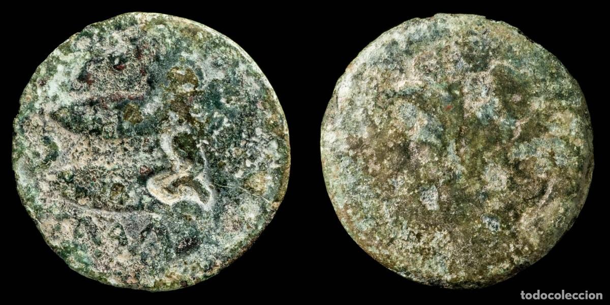 Monedas ib&eacute;ricas: Ancient Hispania - Gades (Cadiz), Ae As countermark dolphin - 27 mm / 7.55 gr.