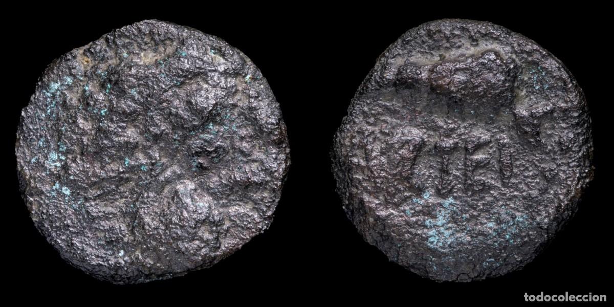 Monedas ib&eacute;ricas: Ancient Hispania - Carteia, San Roque (Cadiz) Ae Quadrans - 15 mm / 2.23 gr. Anv: Male head to the r