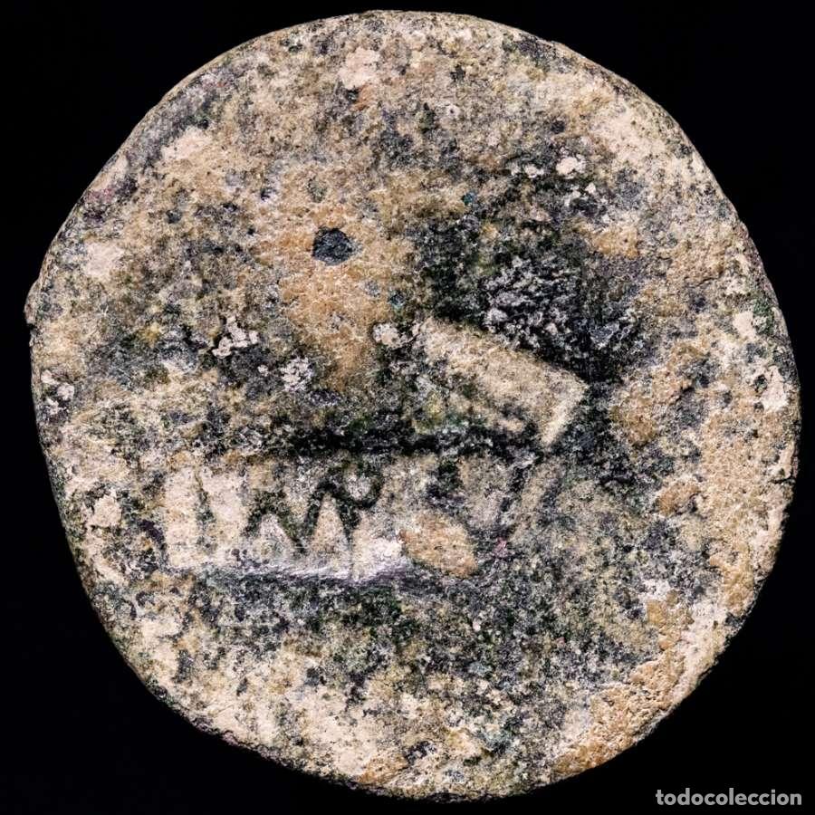 Monedas ib&eacute;ricas: Imp. Romano. Contramarca IMP AVG sobre un as excesivamente circulado