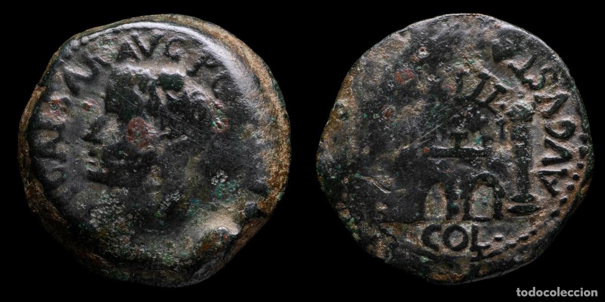 Monedas ib&eacute;ricas: Ancient Hispania - Tiberius As, Emerita Augusta (Merida) - 27 mm / 11,81 gr.